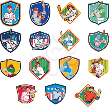Collection of cartoon icon illustration of American baseball player, pitcher or batter, batting, pitching or throwing ball set inside shield isolated on white background.