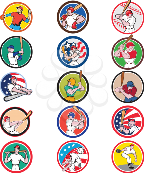 Collection of icon illustration of cartoon character American baseball player, pitcher or batter, batting, pitching or throwing ball set inside circle isolated on white background.