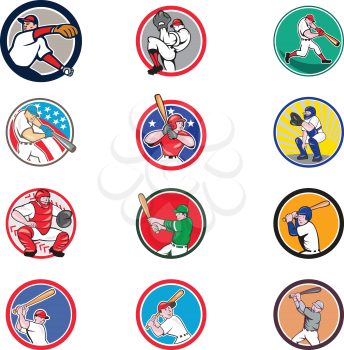 Collection of icon illustration of cartoon character American baseball player, pitcher or batter, batting, pitching or throwing ball set inside circle isolated on white background.