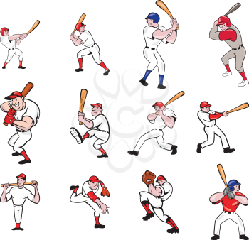Set or collection illustration of American baseball player, pitcher or batter, batting, pitching or throwing ball cartoon style isolated on white background.