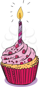 Drawing sketch style illustration of a a birthday muffin sprinkles cake or cupcake with one candle light burning on isolated white background.
