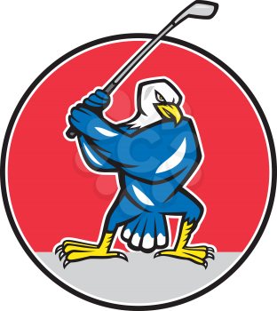 Illustration of a blue American bald eagle golfer with golf club teeing off set inside circle on isolated background done in cartoon style.