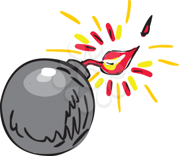 Drawing sketch style illustration of a black ball bomb with burning fuse being thrown and about to explode on isolated white background.