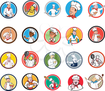 Set or Collection of cartoon character style illustration of bust of a chef, baker or cook inside circle on isolated white background.