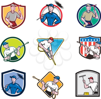 Set or collection of cartoon character mascot icon style illustration of a window cleaner, janitor, chimney sweeper, janitor and pressure spray washer set in circle, crest or shield on isolated white background.