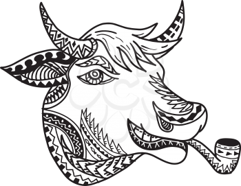 Tribal tattoo style illustration of a cow, heifer or bull head, smoking a pipe on isolated white background done in black and white.
