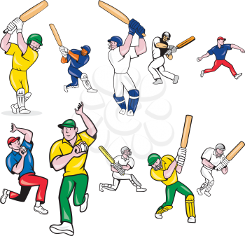 Set or collection of cartoon character style illustration of cricket player batsman bowler with bat batting or ball bowling on isolated white background.