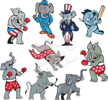 Set or Collection of cartoon character mascot style illustration of an elephant in various poses and positions on isolated white background.