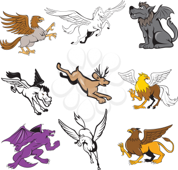 Set or collection of cartoon character mascot style illustration of legendary, mythical, mythological creature or fabulous beast  like the hipogriff, griffin, jackalope, kludde wolf and pegasus on isolated white background.