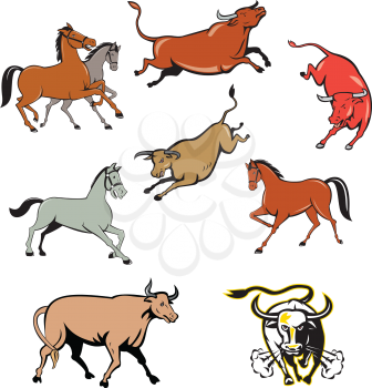 Set or collection of cartoon character mascot style illustration of farm animals such as horse, cow, bull, cattle, texas longhorn bull charging on isolated white background.