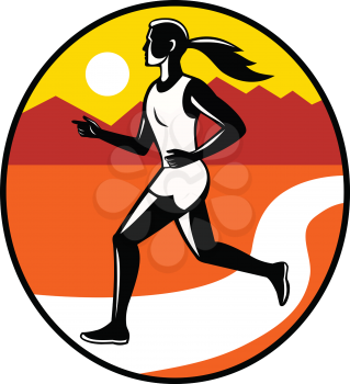 Retro style illustration of a female marathon runner running in stride viewed from side with road or river and mountains set inside oval on isolated background.