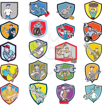 Set or Collection of cartoon character icon style illustration of bust of mechanic, technician, tireman, auto mechanic or industrial worker set inside crest or shield on isolated white background.