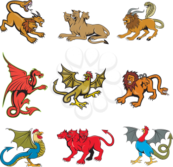 Set or collection of cartoon character mascot style illustration of mythical creatures like the chimera, cerberus, dragon and basilisk on isolated white background.