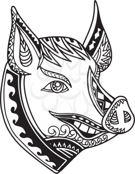 Tribal tattoo style illustration of head of a pig, hog, boar or swine looking forward on isolated white background done in black and white.