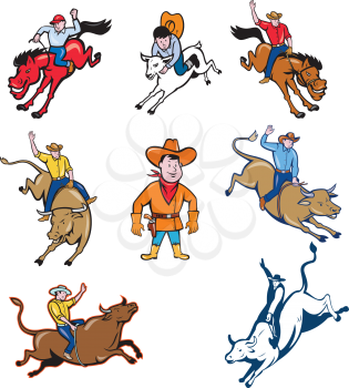 Set or collection of cartoon character mascot style illustration of a rodeo cowboy riding bucking bronco or bull on isolated white background.