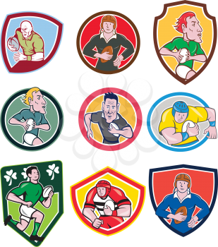 Set or collection of cartoon character mascot style illustration of rugby union or rugby league player running, passing pigskin ball set in circle icon or crest shield on isolated white background.