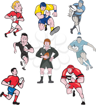 Set or collection of cartoon character mascot style illustration of rugby union or rugby league player running, passing pigskin ball on isolated white background.