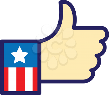 Icon retro style illustration of a hand with USA American stars and stripes flag sleeve with thumbs up or like showing approval on isolated background.