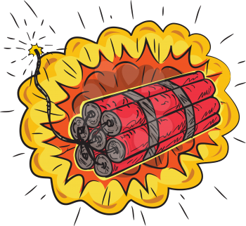 Drawing sketch style illustration of sticks of explosive TNT dynamite stick with lit or burning fuse and exploding on isolated white background.