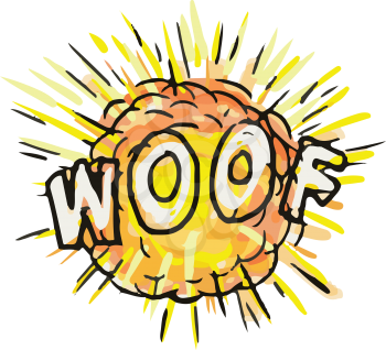 Illustration of an explosion and the word text WOOF set on isolated white background done in cartoon style. 