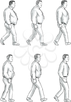 Collection set of illustration of an obese man morphing into a fit man viewed from the side set on isolated white background done in drawing sketch style. 