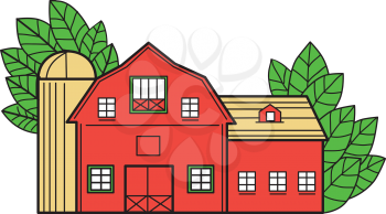 Mono line style illustration of a vintage american barn with leaves in the background set on isolated white background. 