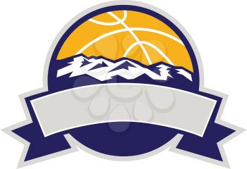 Illustration of a Basketball Ball with Mountains in foreground and Scroll set inside circle done in retro style.