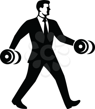 Illustration of a Businessman Power Walking and Holding Dumbbell side view done in retro style.