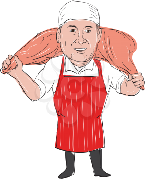 Illustration of a Butcher Carrying Leg of Ham on shoulder front view done in hand drawn sketch Cartoon style.