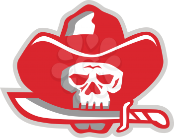 Illustration of a Cowboy Pirate Skull Biting Knife with mouth viewed from front done in Retro style.