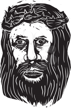Illustration of Jesus Christ the Savior with Head with Thorns done in black and white Woodcut  style.