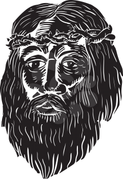 Illustration of Jesus Christ face with Crown of Thorns  front view done in Woodcut style.