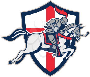 Illustration of an English knight in full armor riding a horse armed with golf club like a lance and England flag in background done in retro style.