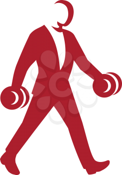 Illustration of a businessman Man in Suit Walking With Dumbbell side view in Silhouette retro style.