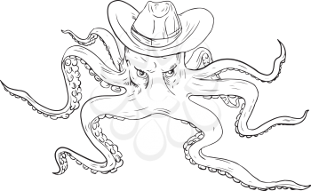Illustration of a giant Octopus Wearing Cowboy Hat viewed from front done in Drawing style.