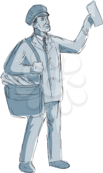 Illustration of a Vintage Postman mailman Holding up Letter done in hand sketch Drawing style.