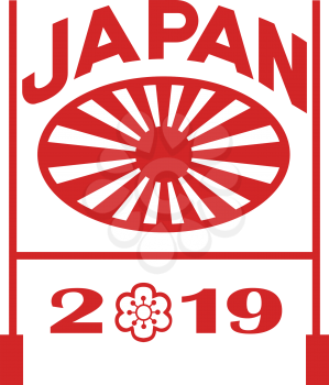 Icon retro style illustration of rugby goal post with Japanese rising sun and text Japan 2019 on isolated background.