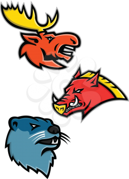 Sports mascot icon illustration set of heads of North American wildlife like the bull moose or elk, razorback, feral pig, wild hog or boar and the river otter or common otter  viewed from side  on isolated background in retro style.