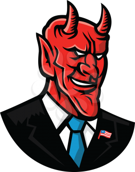 Mascot icon illustration of bust of a demon, devil or satan grinning, dressed as an American businessman in business suit and tie viewed from front on isolated background in retro style.