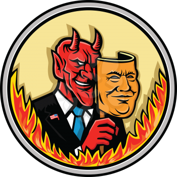 Mascot icon illustration of bust of a demon, devil or Satan, holding a mask of an American businessman with flames around the circle viewed from front on isolated background in retro style.