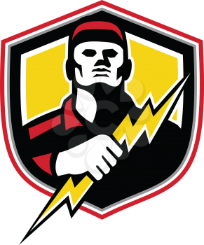Mascot icon illustration of bust of a power lineman or electrician holding a thunderbolt or lightning bolt  viewed from front set inside crest or shield on isolated background in retro style.
