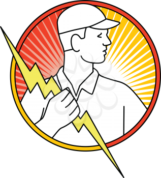 Mono line illustration of an electrician or power lineman holding a lightning bolt or thunder bolt viewed from side side inside circle done in monoline style.