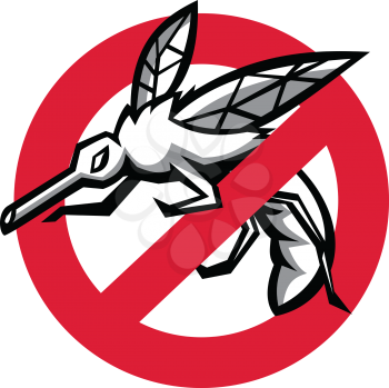 Mascot icon illustration of stop mosquito sign, symbol or signage showing an angry mosquito flying viewed from side on isolated background in retro style.