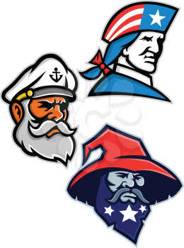 Mascot icon illustration set of heads of an American patriot, minuteman or revolutionary soldier, seadog, sea dog or sea captain and a warlock, wizard, sorcerer or magician viewed from side  on isolated background in retro style.