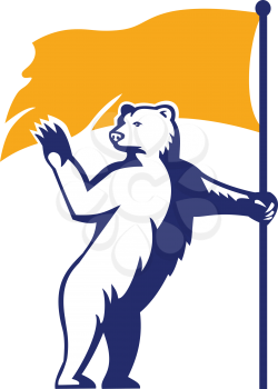 Mascot icon illustration of a polar bear waving and holding a flag looking to forward viewed from side on isolated background in retro style.