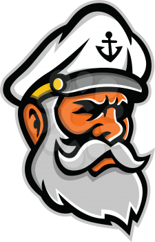 Mascot icon illustration of head of a seadog or sea dog, an old or experienced sea captain, sailor or fisherman viewed from side on isolated background in retro style.