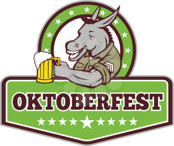 Retro style illustration of a donkey beer drinker wearing a sargeant military uniform holding a mug of beer ale set inside circle with words Oktoberfest on isolated background.