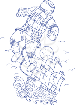 Drawing sketch style illustration of an astronaut or spaceman tethered to Portuguese caravel or galleon ship floating in space with moon in background.