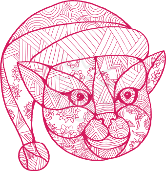 Mandala style illustration of a head of a cat wearing Santa Claus hat viewed from front on isolated backgound.
