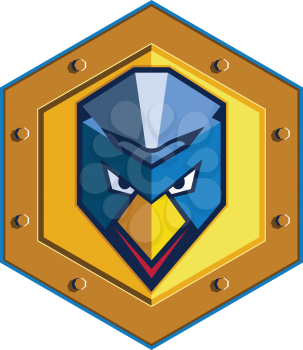 Icon style illustration of a cyber punk chicken head wearing mohawk viewed from front set inside hexagon on isolated background.